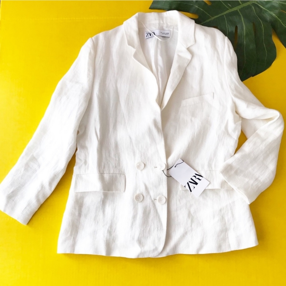 Zara Pure White Linen Double Breasted Blazer Coat
